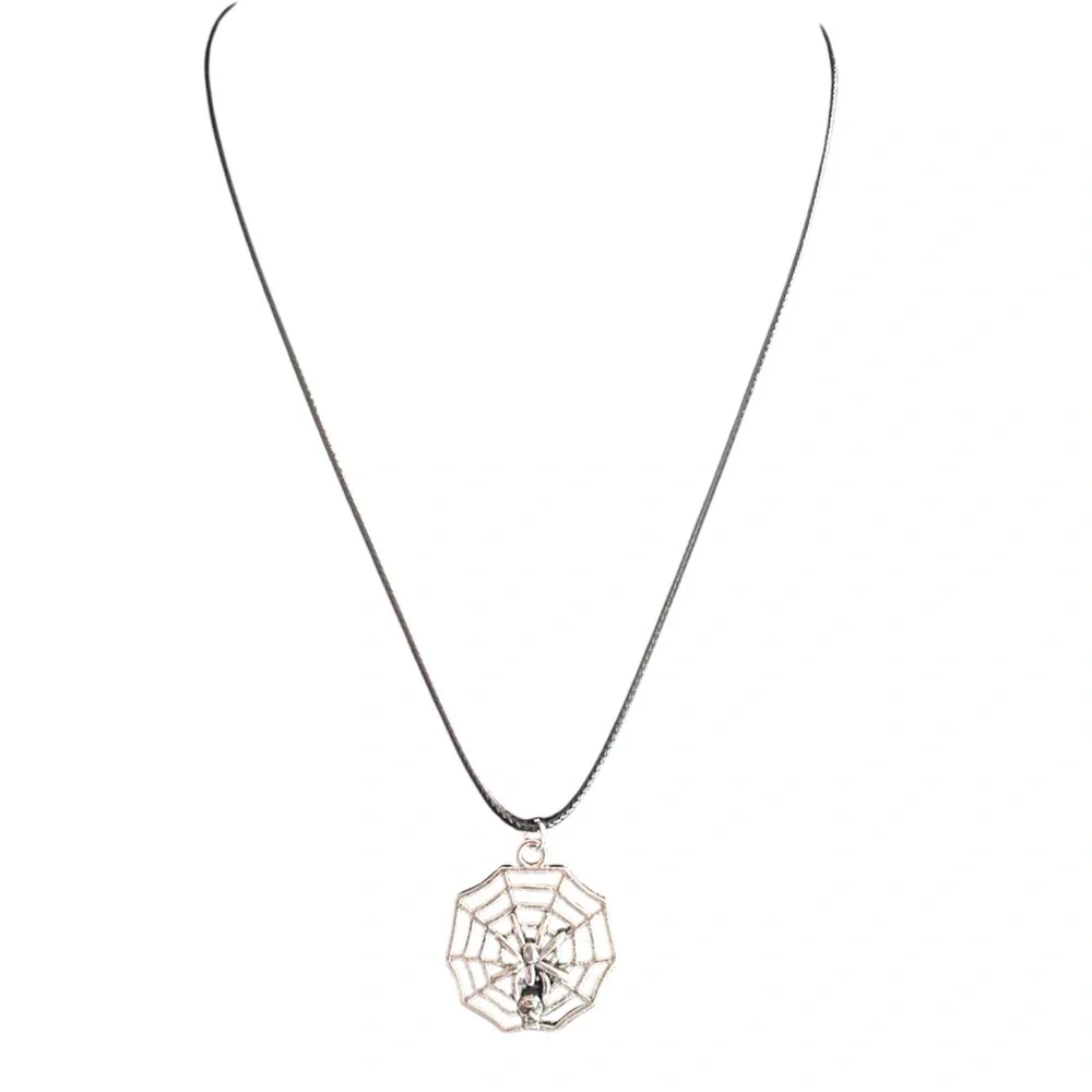 Spider Web Skull Pendant Necklace Gothic Aesthetic Black Cord Jewelry Unisex